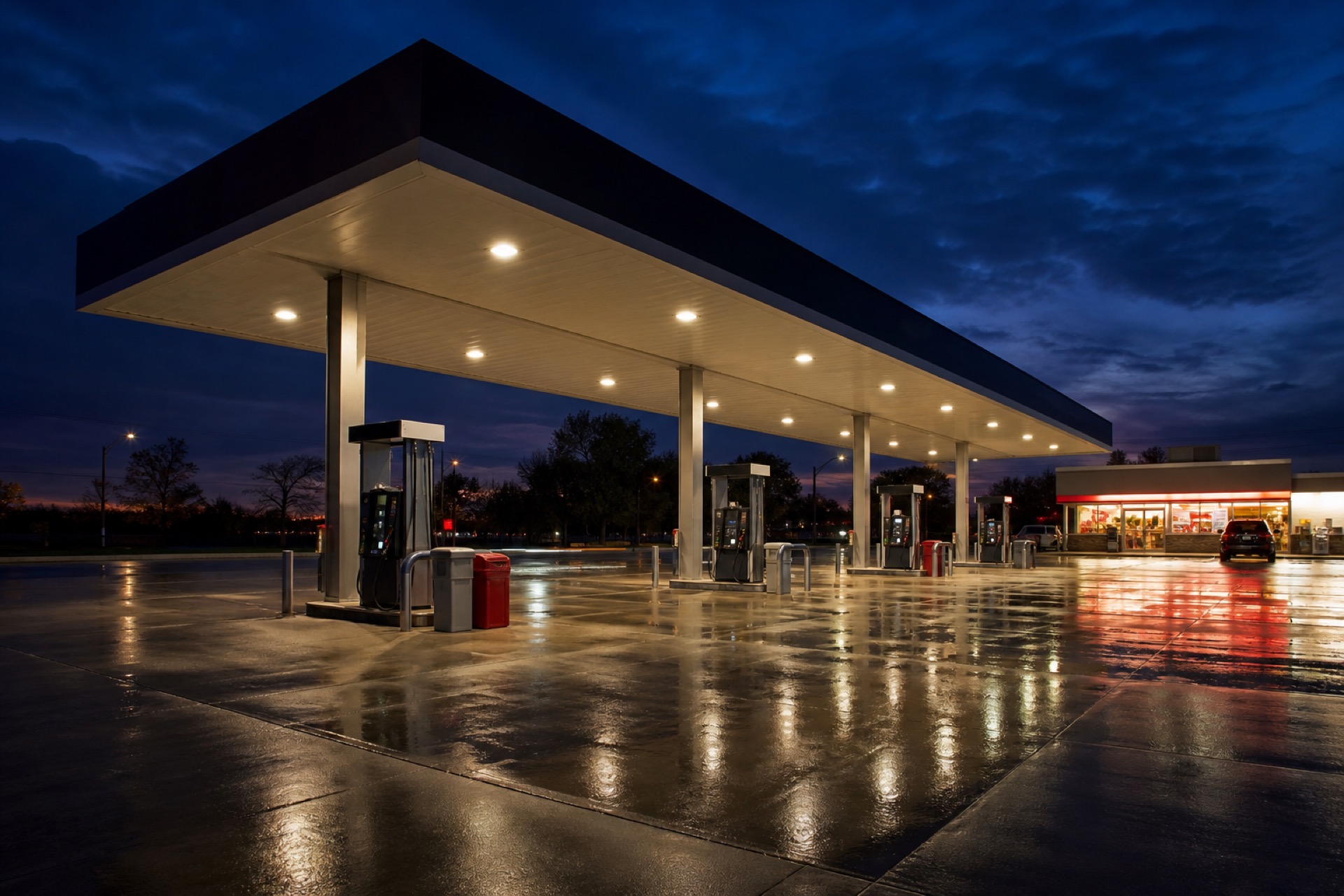 Wide illuminated fuel forecourt with multiple pump islands at dusk