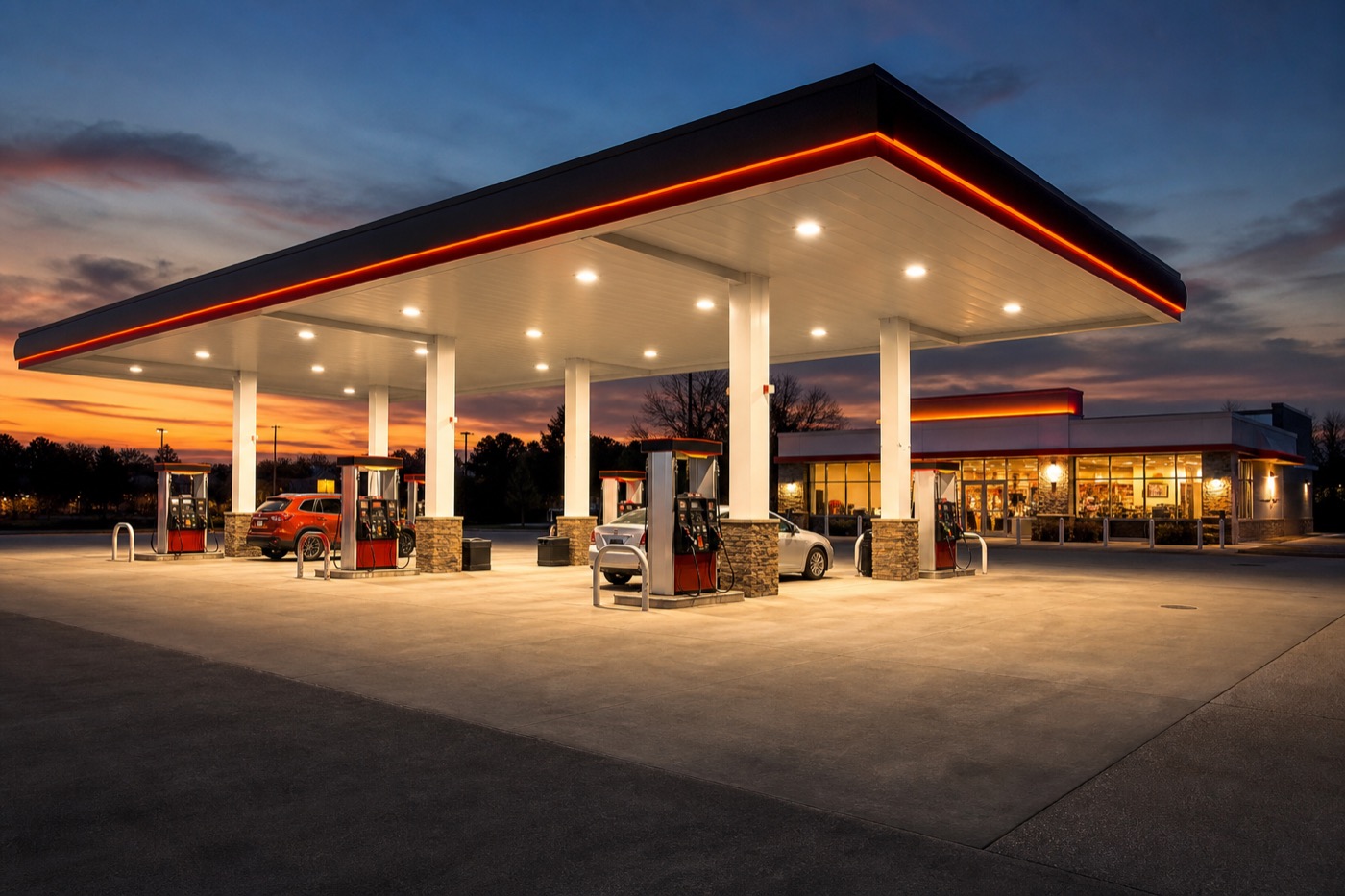 Modern gas station forecourt with fuel canopy, pump islands and a bright convenience store
