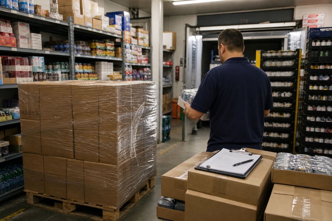 Vendor delivery being checked against inventory in a store stockroom