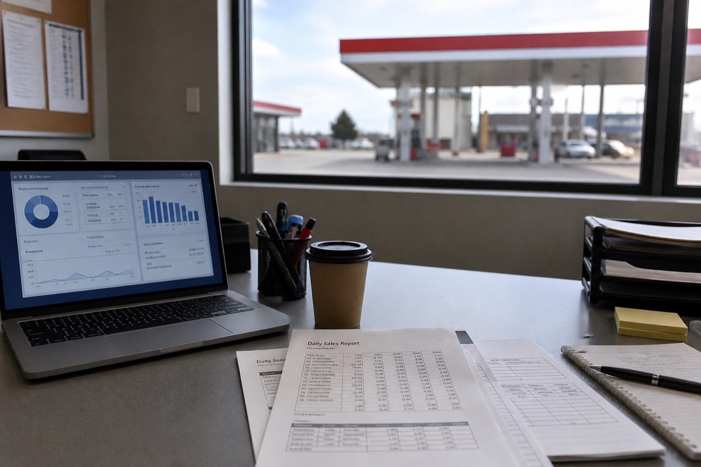 Daily operations reporting dashboard with fuel volume and inside sales metrics