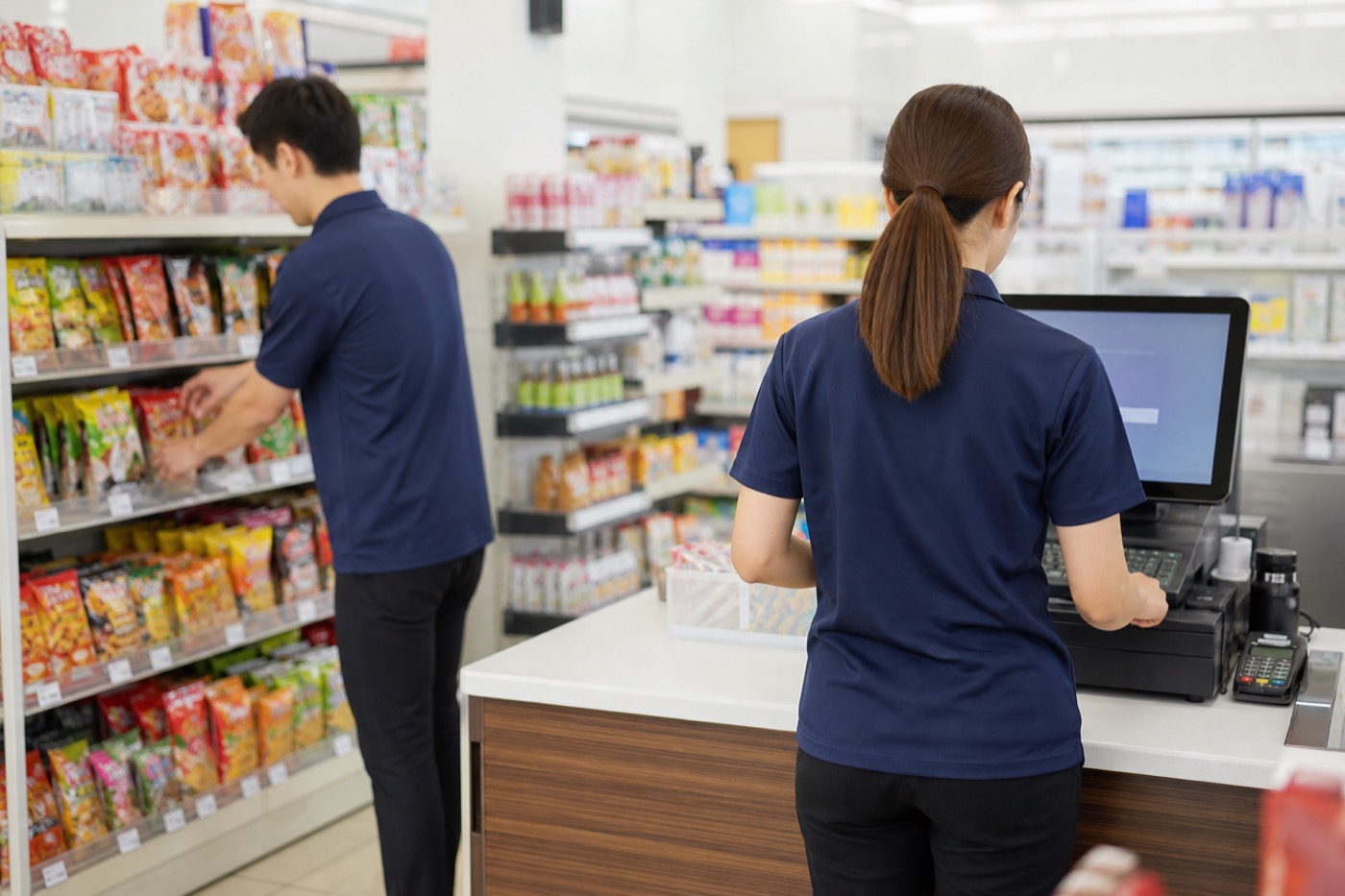 Convenience store team stocking shelves and working a shift