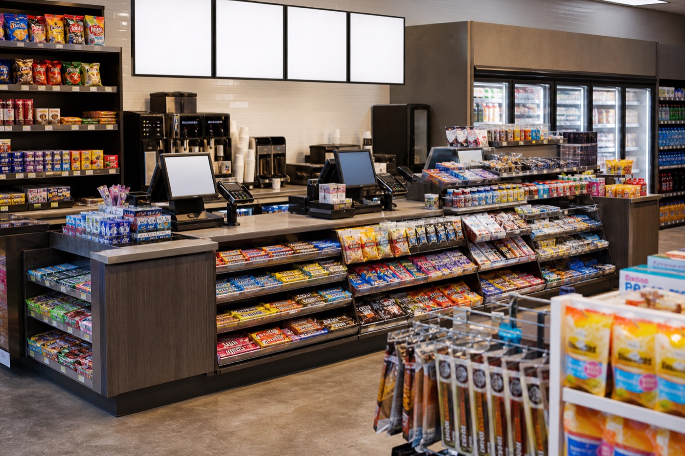 Well-merchandised convenience store checkout and impulse displays